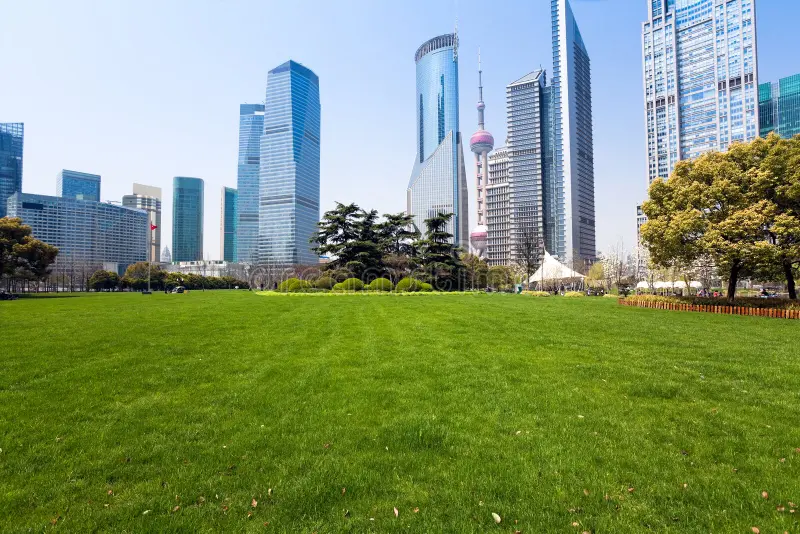 City park with modern buildings, used as a reference scene to preview window tint darkness